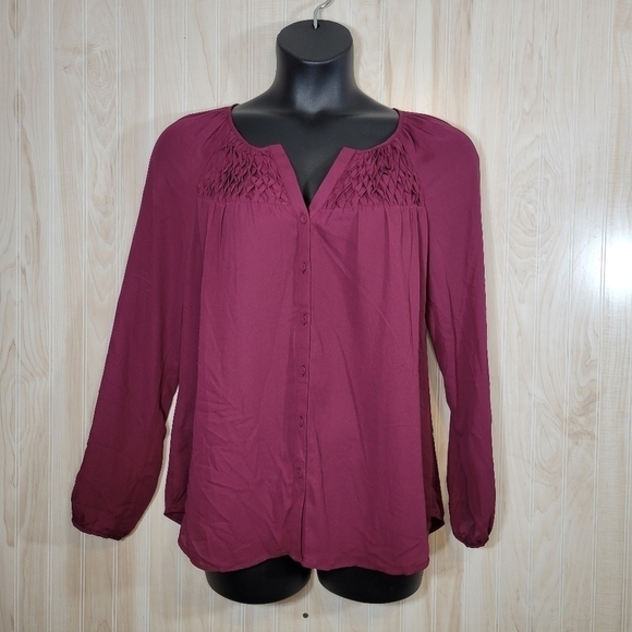 Daniel Rainn Purple Blouse Top with Pleated Gathering at Neckline Sz Lg - Picture 1 of 6